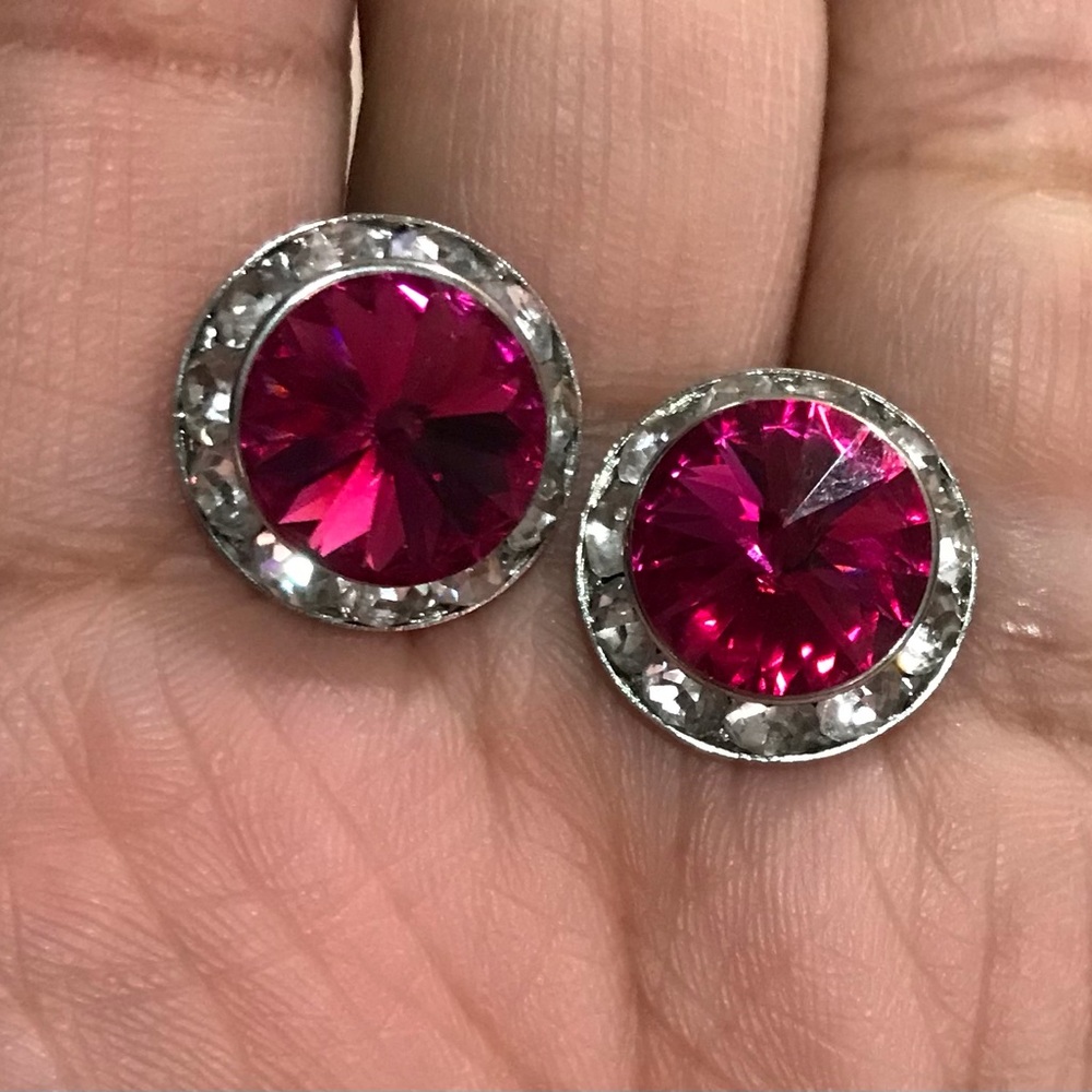 Silver Tone Stud Earrings Pink Rivoli Rhinestone